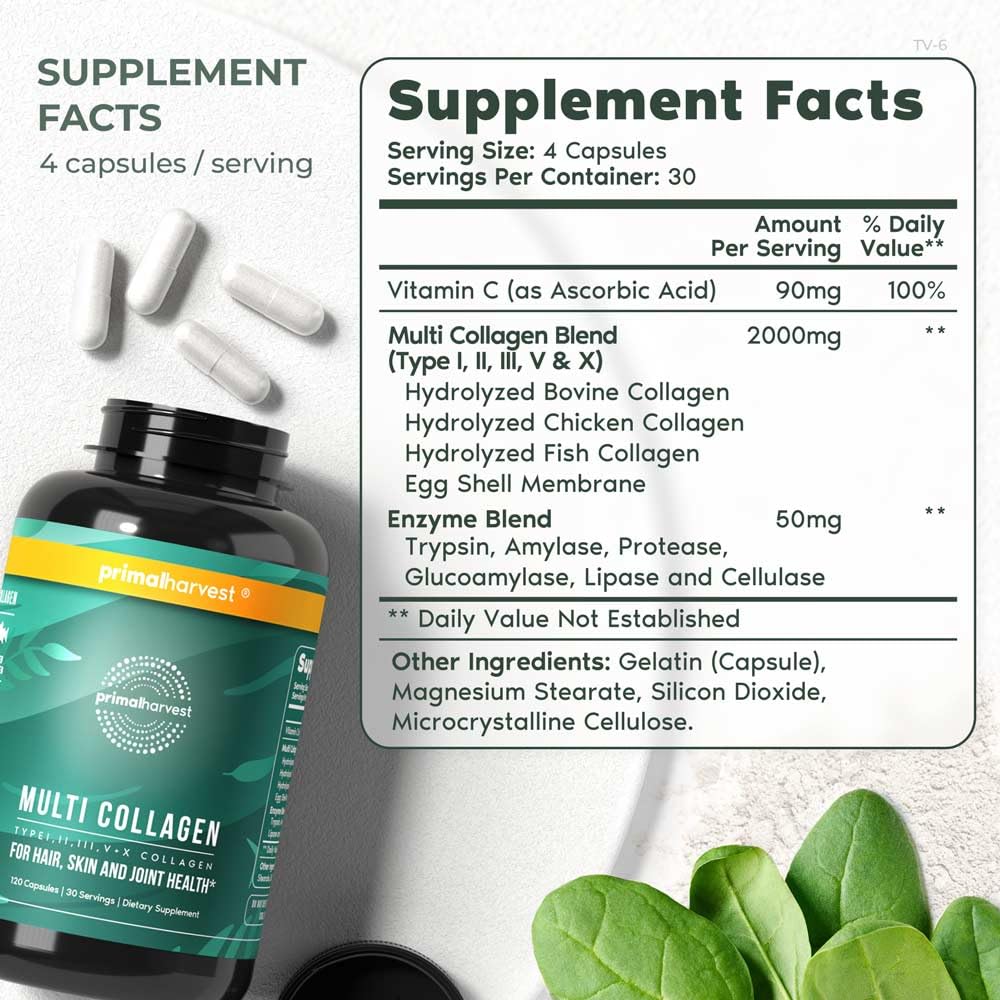 Rich blend of collagen types I, II, III, V, and X for skin and joints