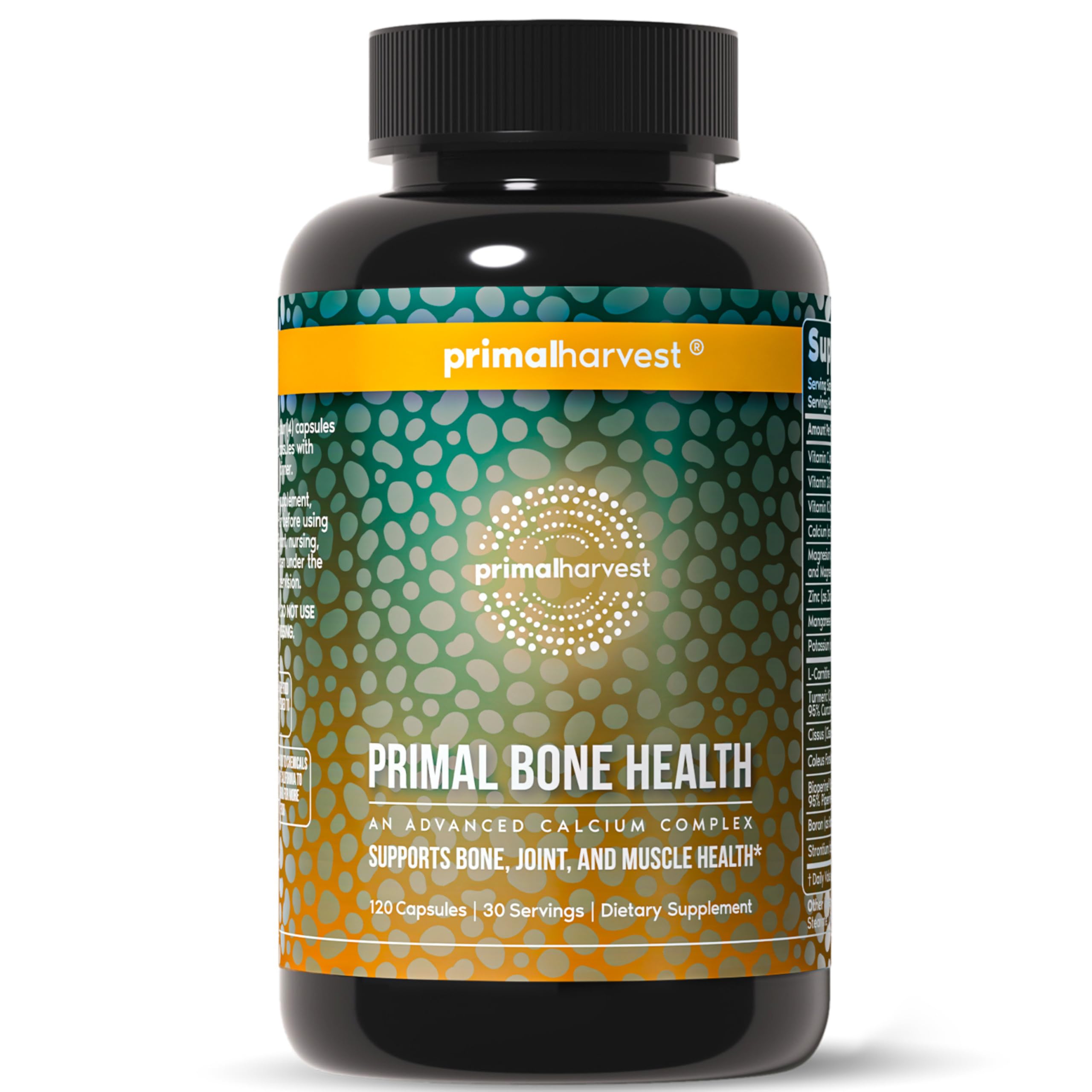 Bottle of Primal Harvest Calcium Carbonate Bone Health Complex label for bone health