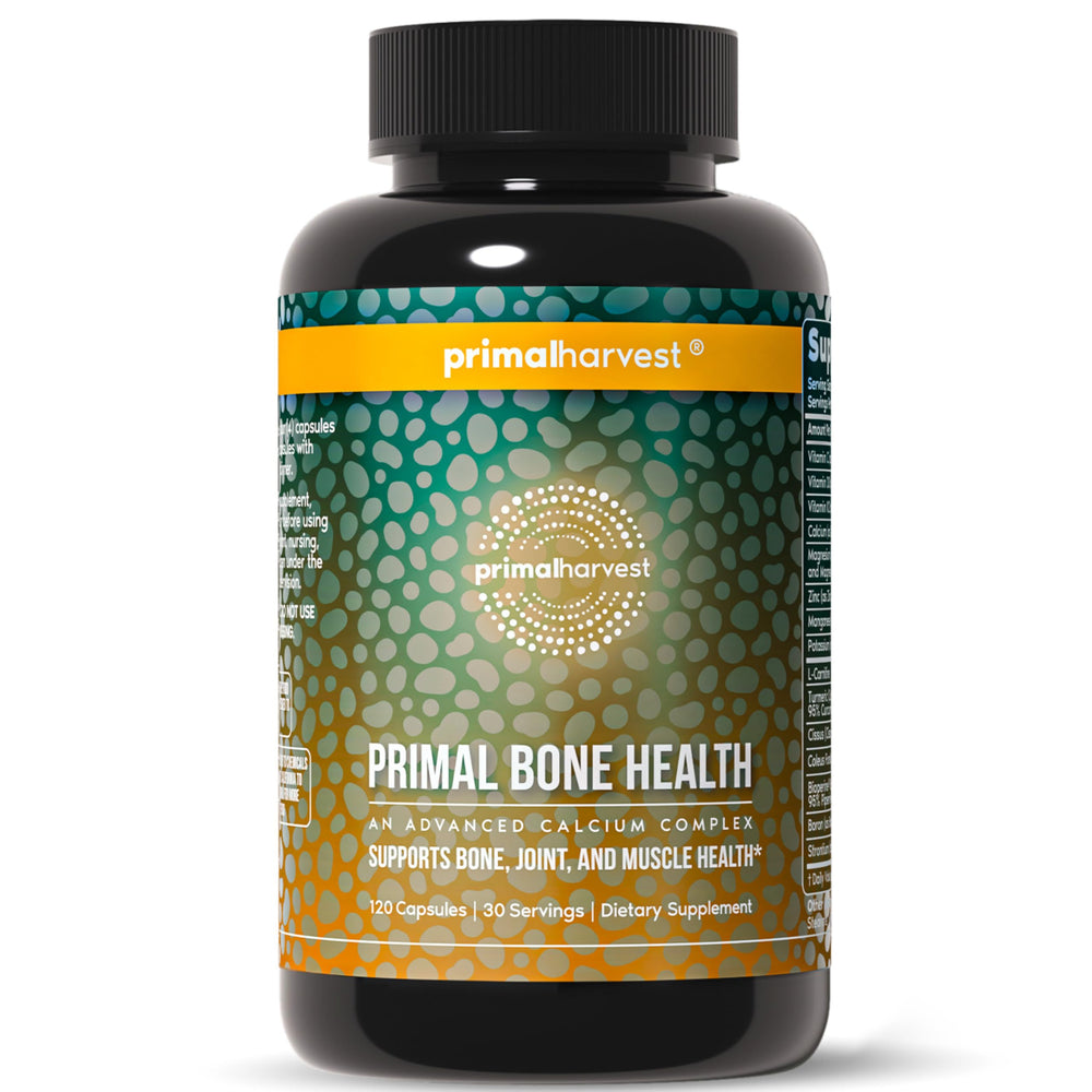 Bottle of Primal Harvest Calcium Carbonate Bone Health Complex label for bone health