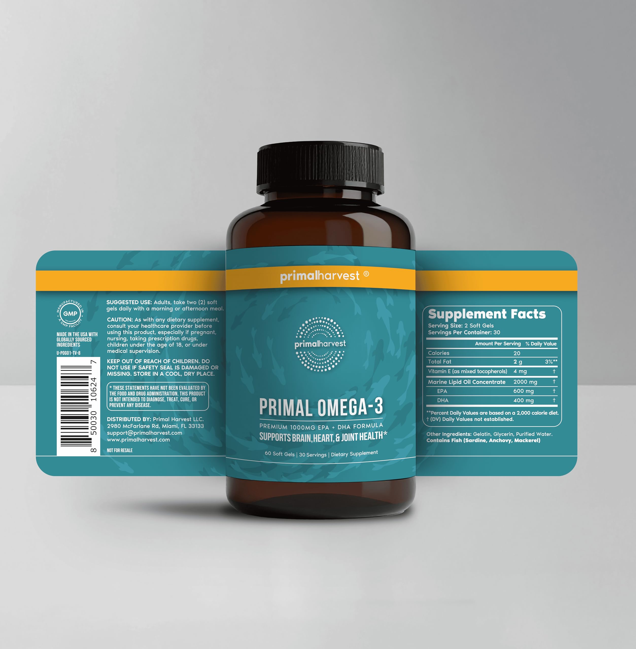 Two-pack Primal Harvest Omega-3 Fish Oil Soft Gels Box - Back Label