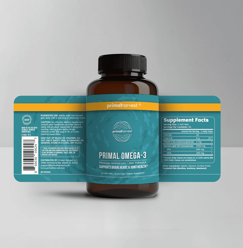 Two-pack Primal Harvest Omega-3 Fish Oil Soft Gels Box - Back Label