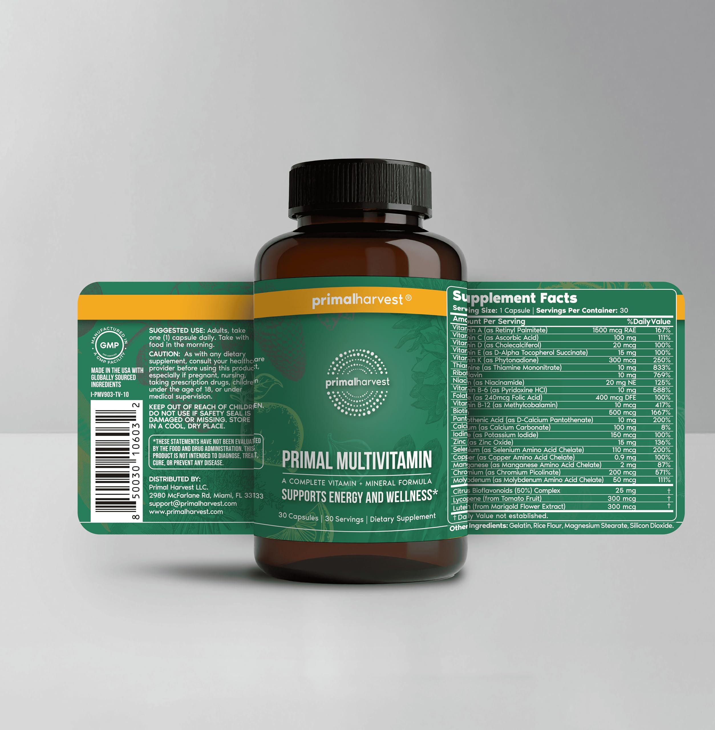 Front view of Primal Harvest Primal Multivitamin packaging and label