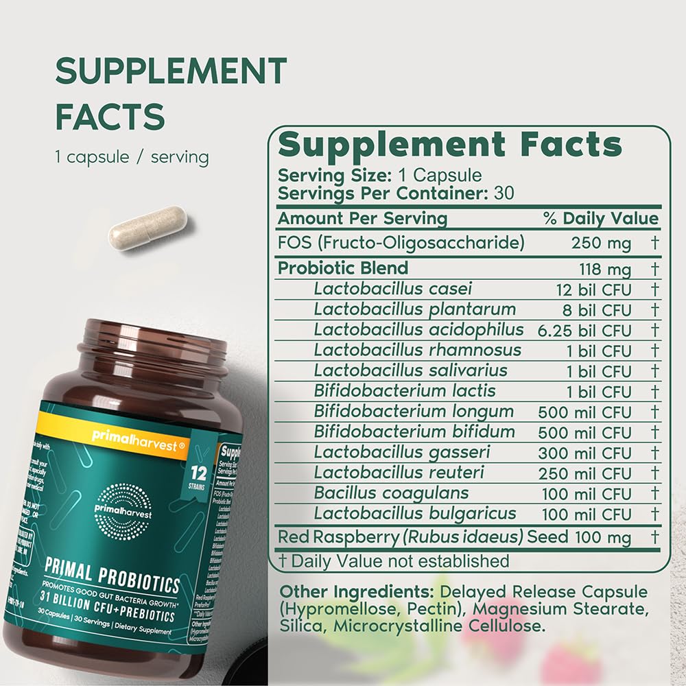 Close-up view of Primal Harvest Probiotics bottle label