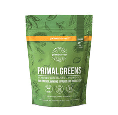 Front label of Primal Harvest Super Greens Powder jar.