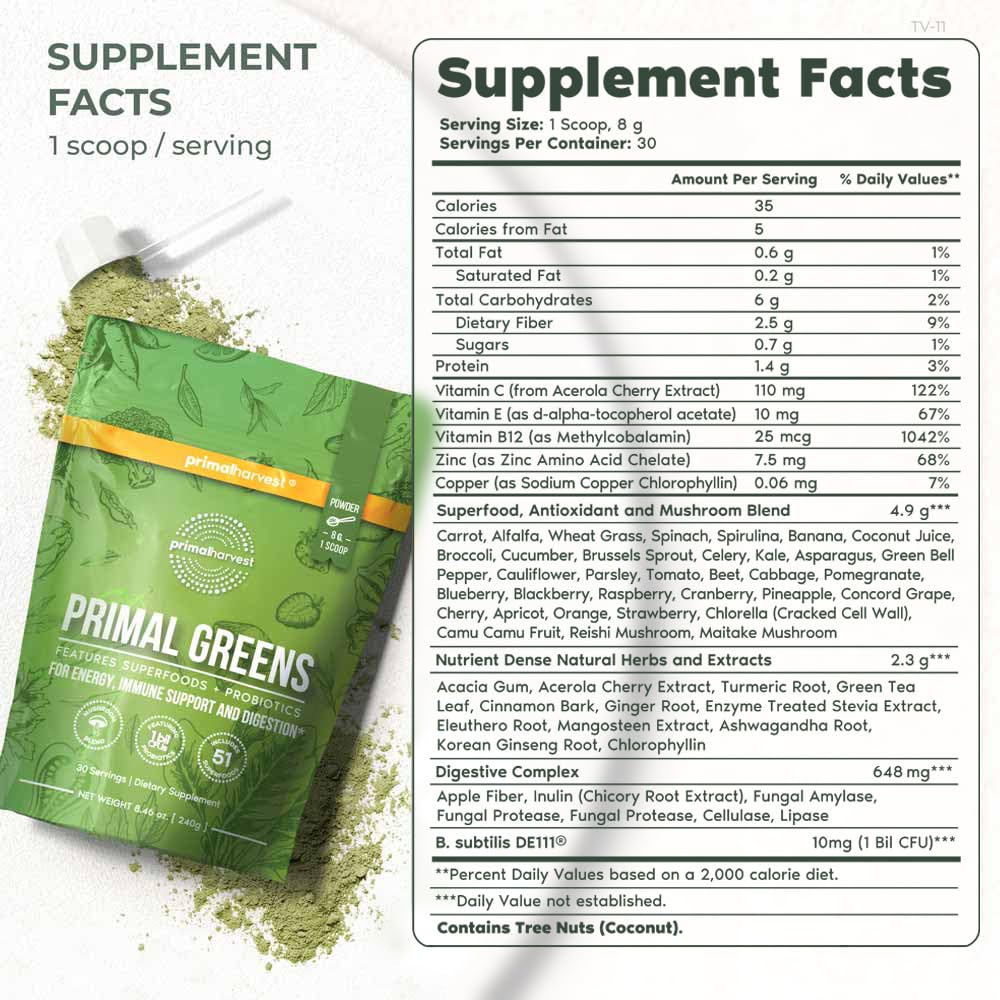 Primal Harvest Super Greens powder scoop next to jar.
