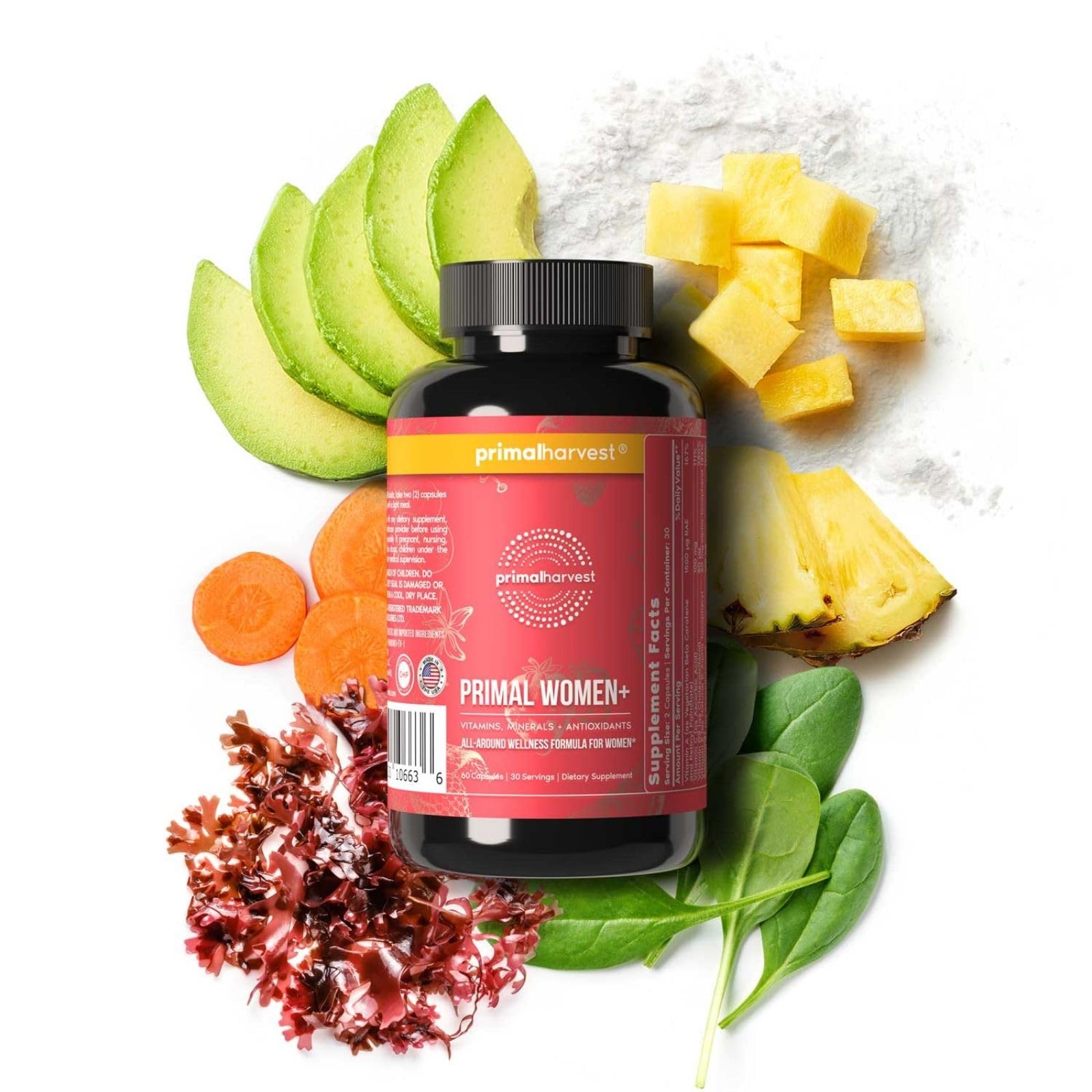 Front view of Primal Harvest Women+ bottle