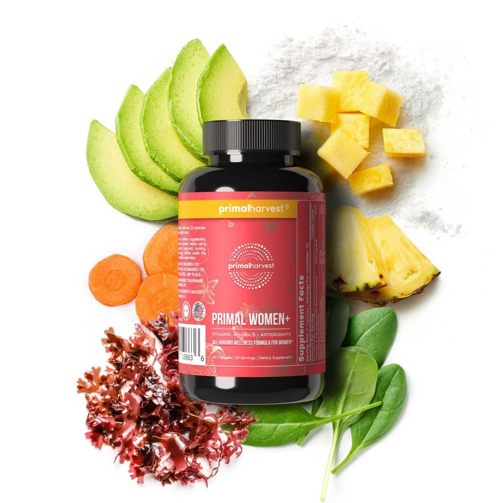 Front view of Primal Harvest Women+ bottle
