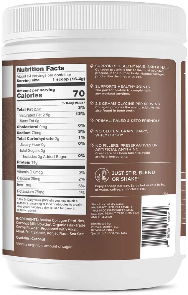 Serving of Primal Kitchen Collagen Peptide Drink Mix Chocolate Coconut