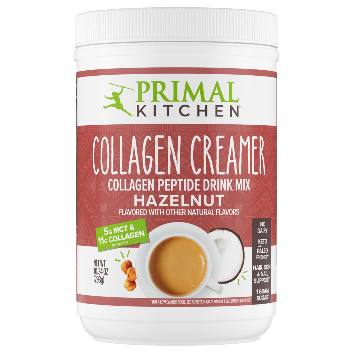 Primal Kitchen Hazelnut Collagen Creamer Powder canister with scoop on white background