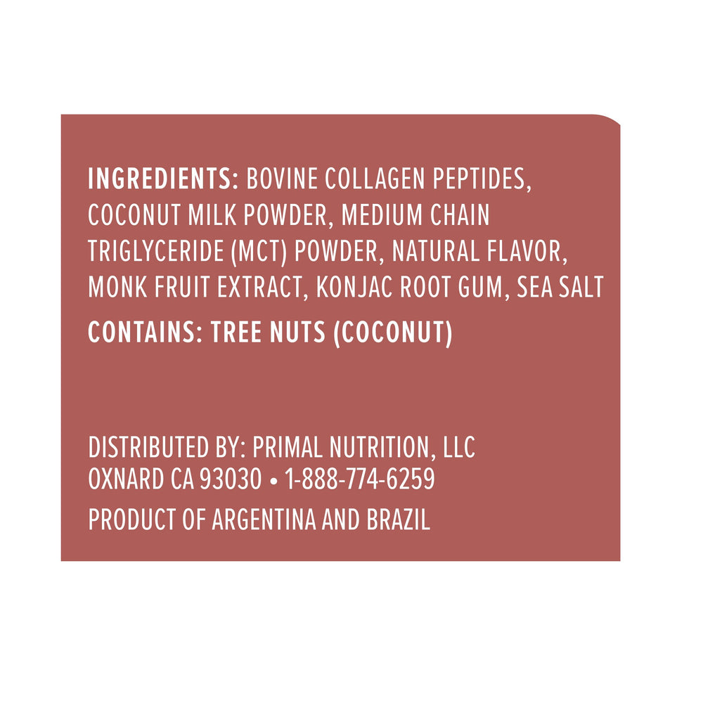 Close-up of ingredients list on packaging: collagen peptides, coconut milk powder, monk fruit