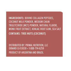 Close-up of ingredients list on packaging: collagen peptides, coconut milk powder, monk fruit