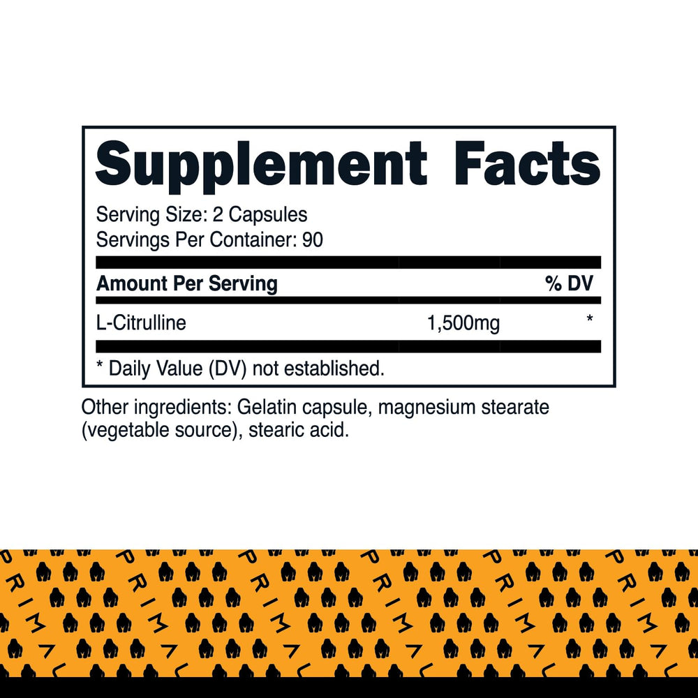 Close-up of Primal L-Citrulline bottle with 180 capsules