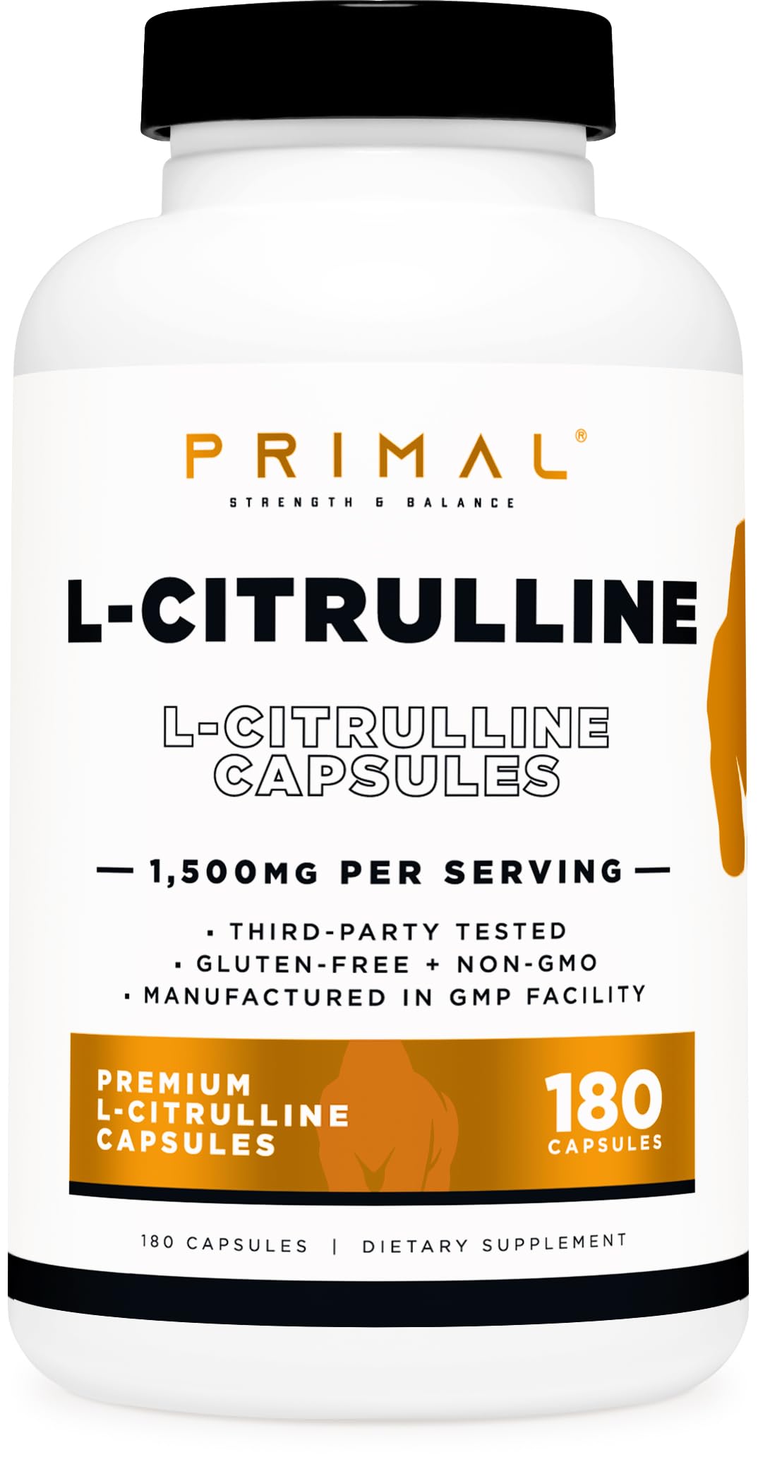 Primal L-Citrulline capsules bottle showing 180-count and 1,500 mg per serving