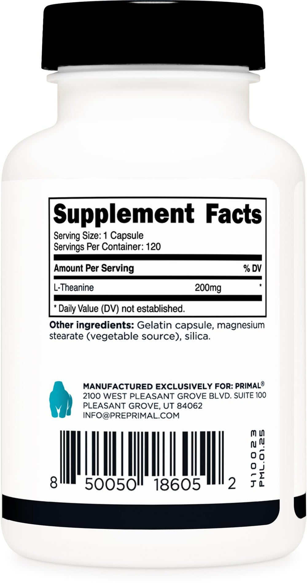 Supplement facts label for Primal L-Theanine Capsules