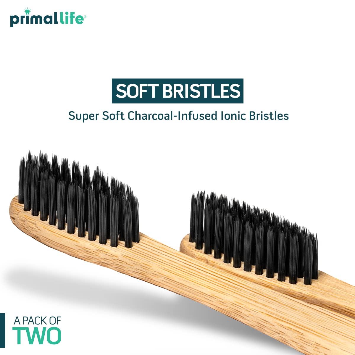 Close-up of charcoal-infused bristles on bamboo toothbrush