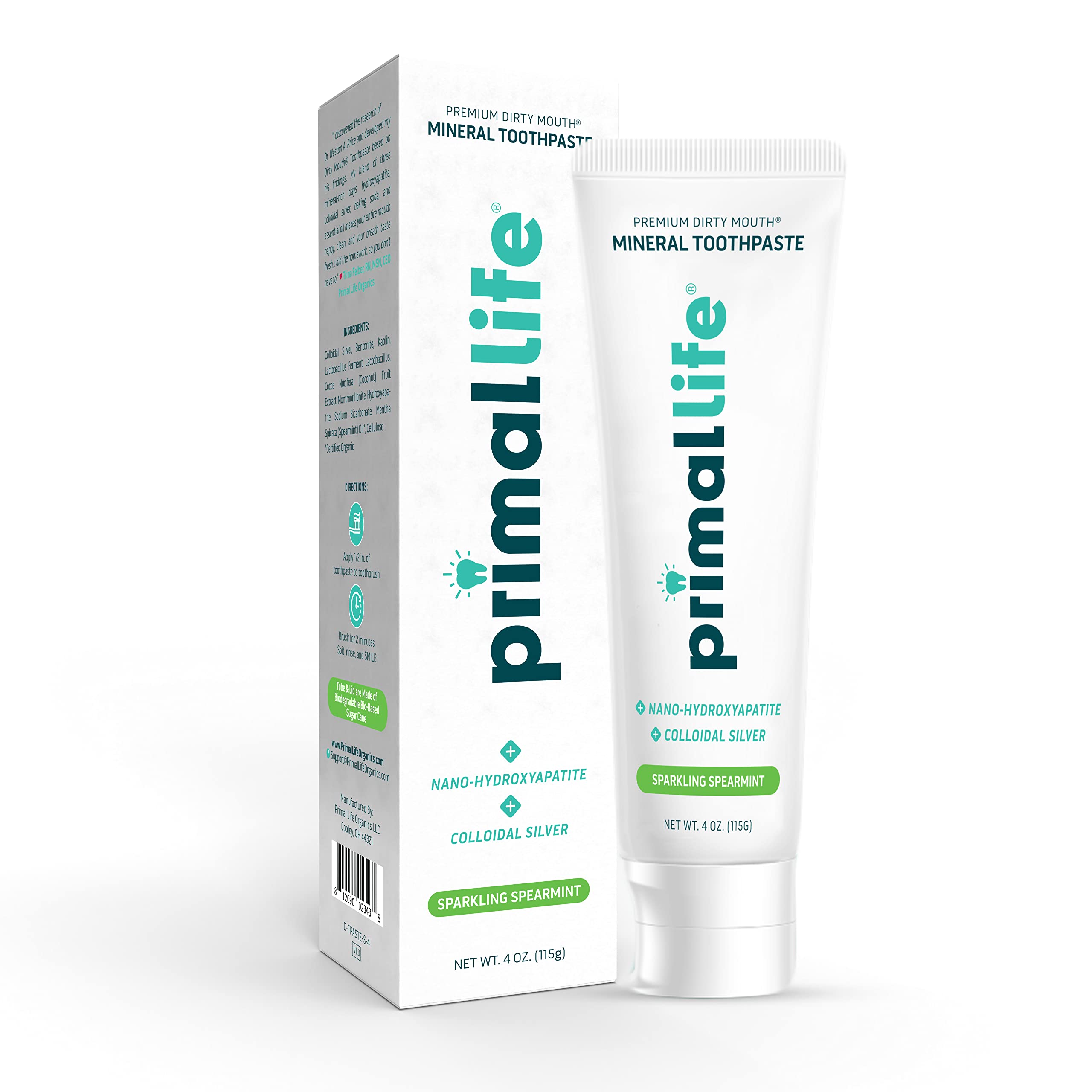 Primal Life Organics Dirty Mouth toothpaste bottle with spearmint flavor label