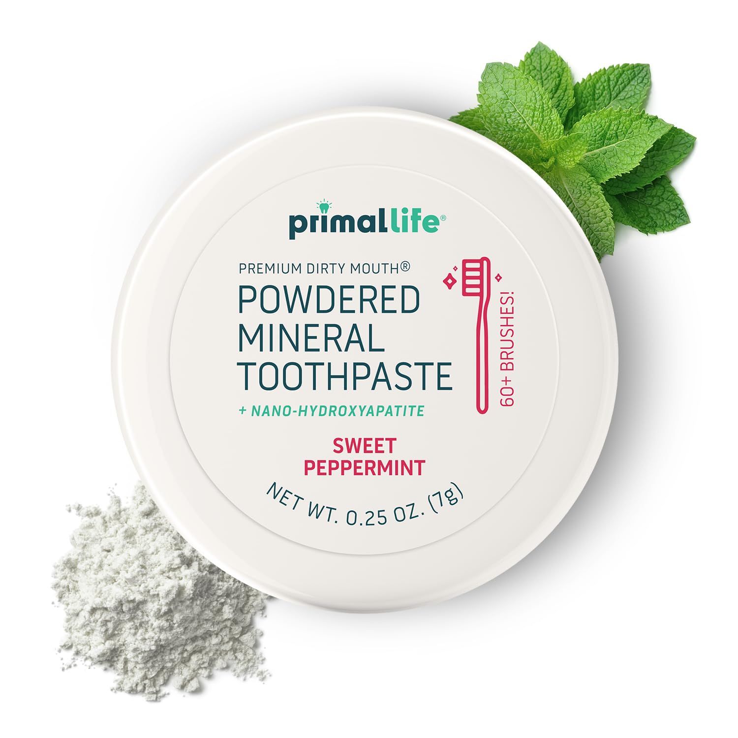 Bottle of Primal Life Organics Dirty Mouth Toothpowder with Sweet Peppermint label