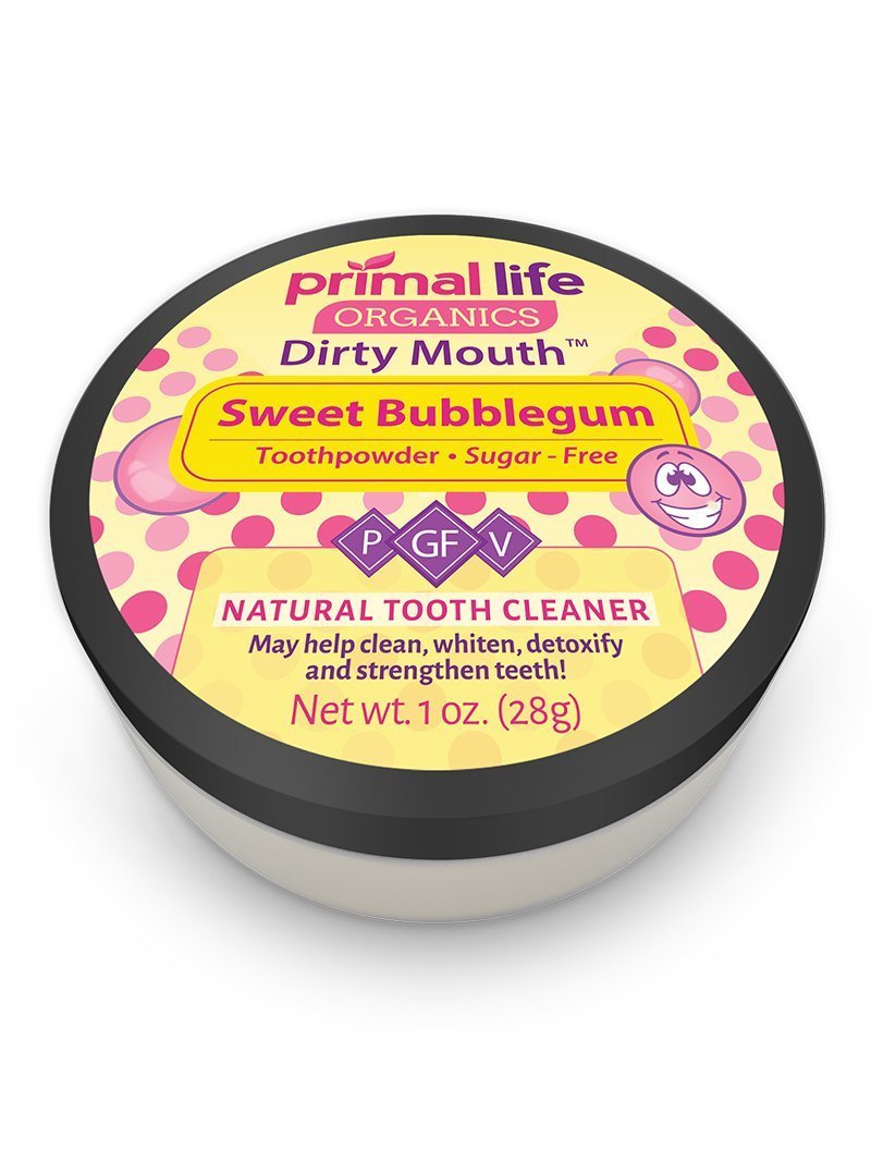Close-up of Primal Life Organics Dirty Mouth Toothpowder 1 oz jar
