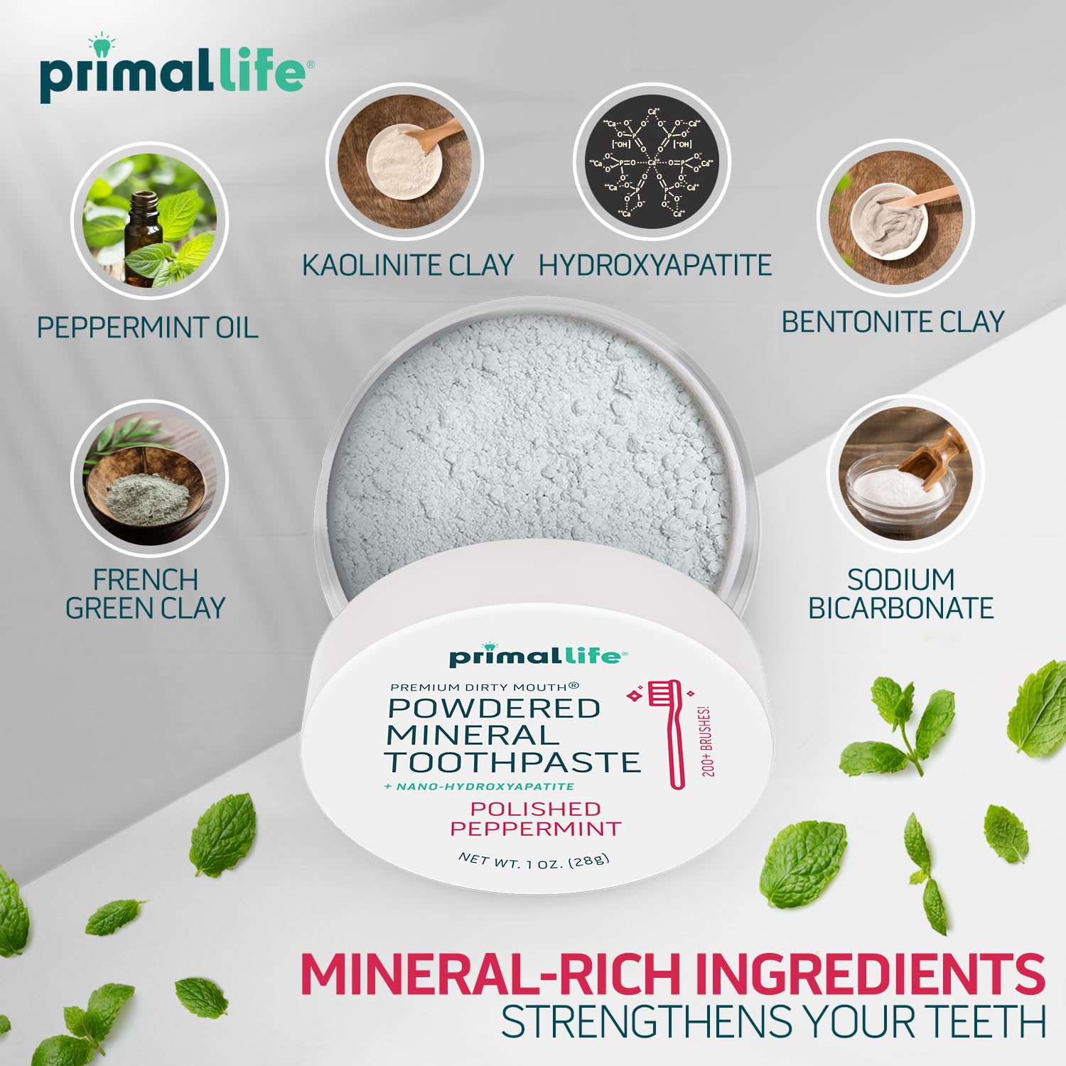 Ingredients list featuring bentonite, kaolin, and French green clays