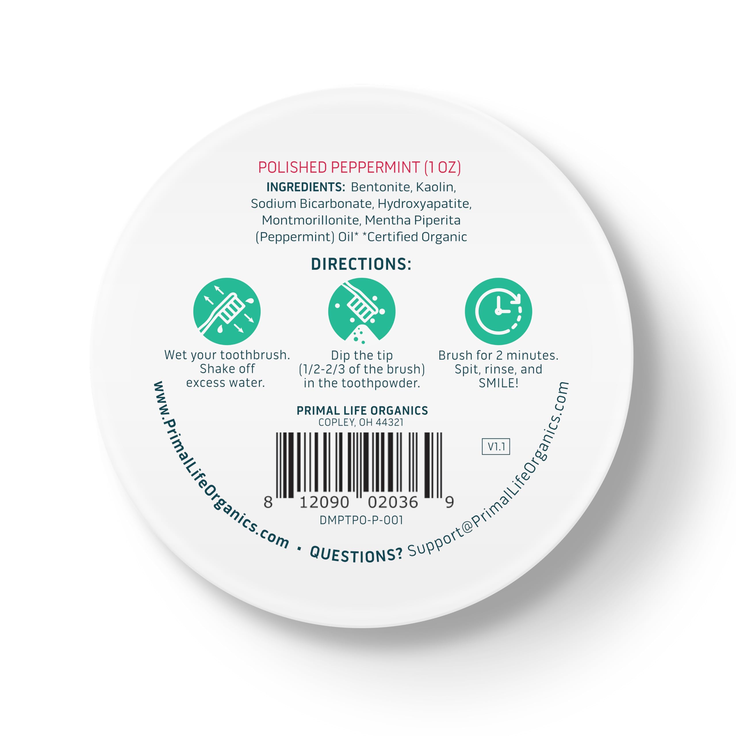 Brand visuals for Primal Life Organics Dirty Mouth Toothpowder peppermint