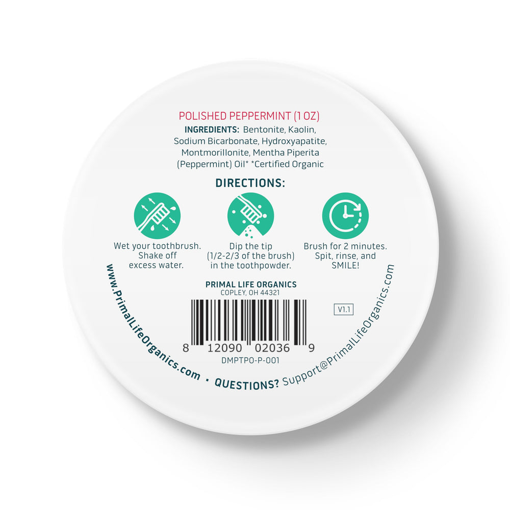 Brand visuals for Primal Life Organics Dirty Mouth Toothpowder peppermint