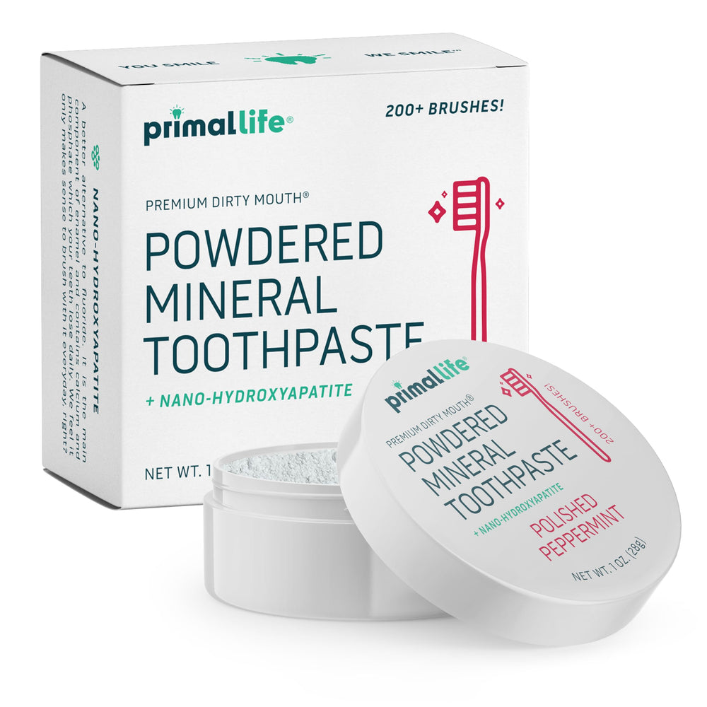 Front packaging of Primal Life Organics Dirty Mouth Toothpowder peppermint 1 oz