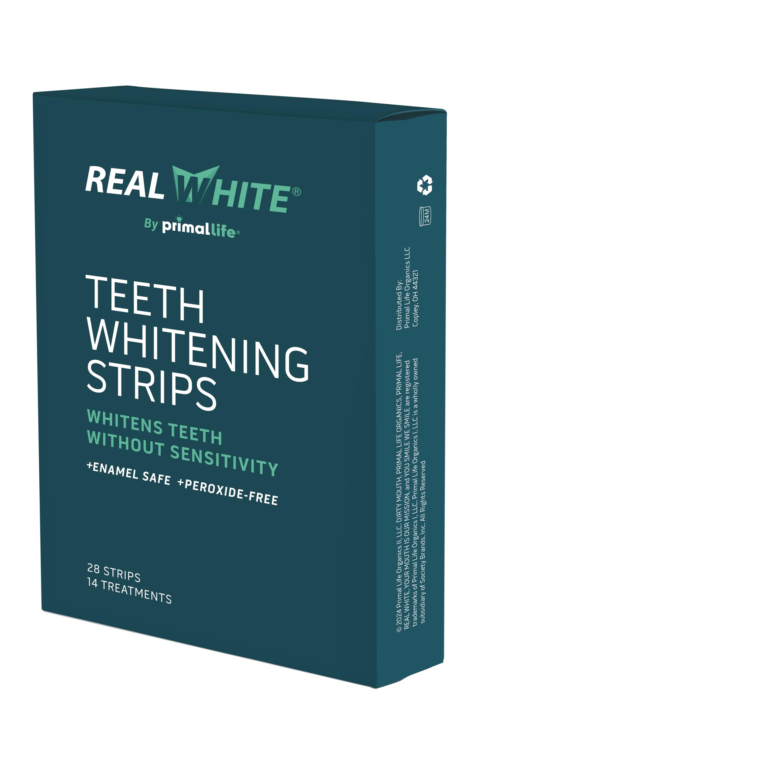Front packaging of Primal Life Organics Real White Teeth Whitening Strips