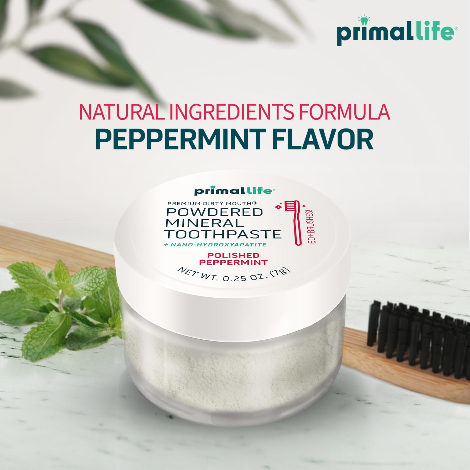 Close-up of baking soda and peppermint oil in the toothpowder