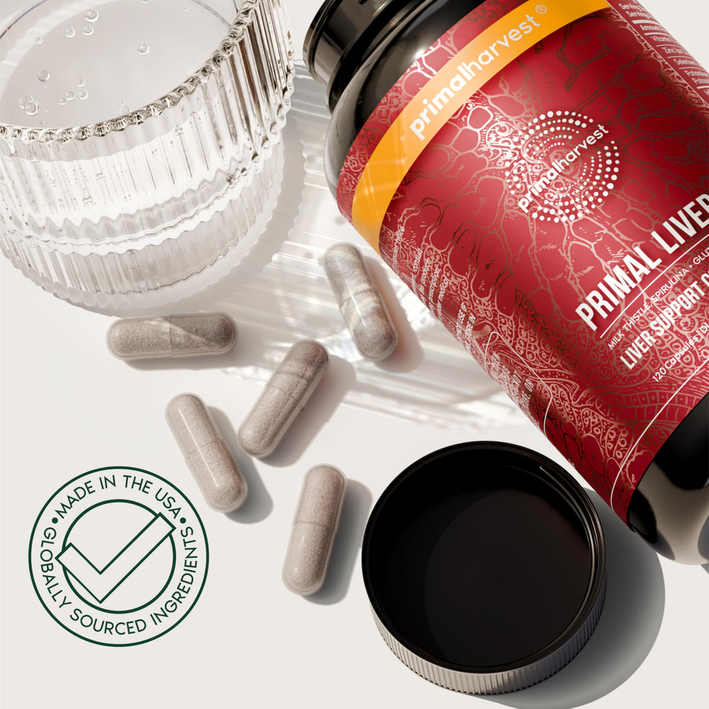 Close-up of Primal Liver capsules and bottle