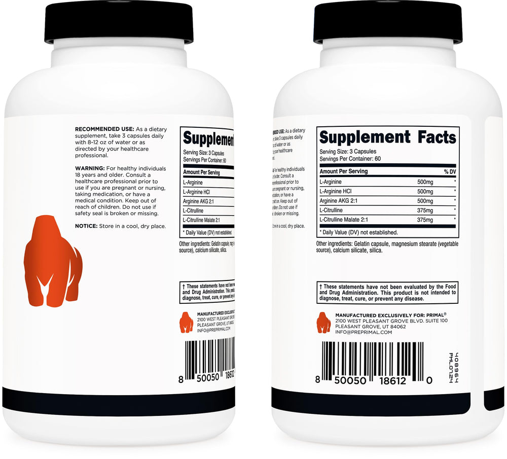 Primal Nitric Oxide Booster bottle-label emphasizing GMP quality and purity.