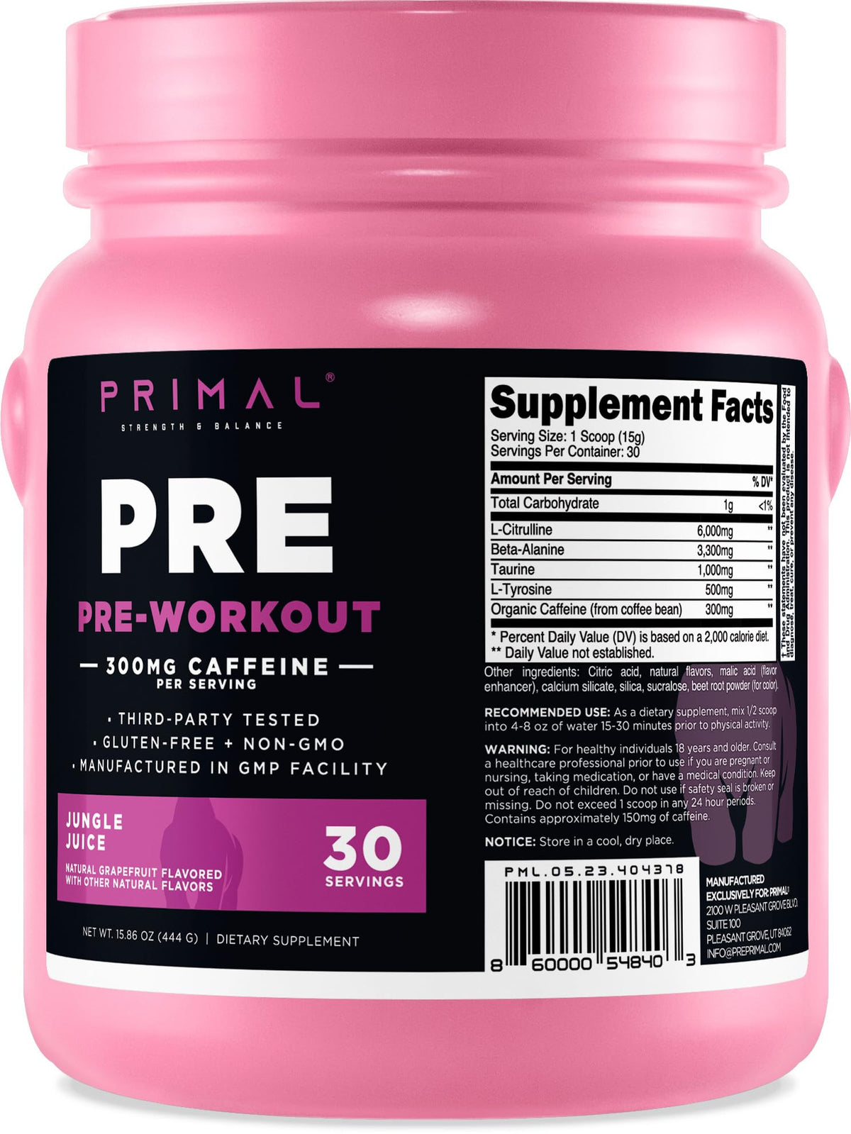 Front view of Primal Pre-Workout Grapefruit container