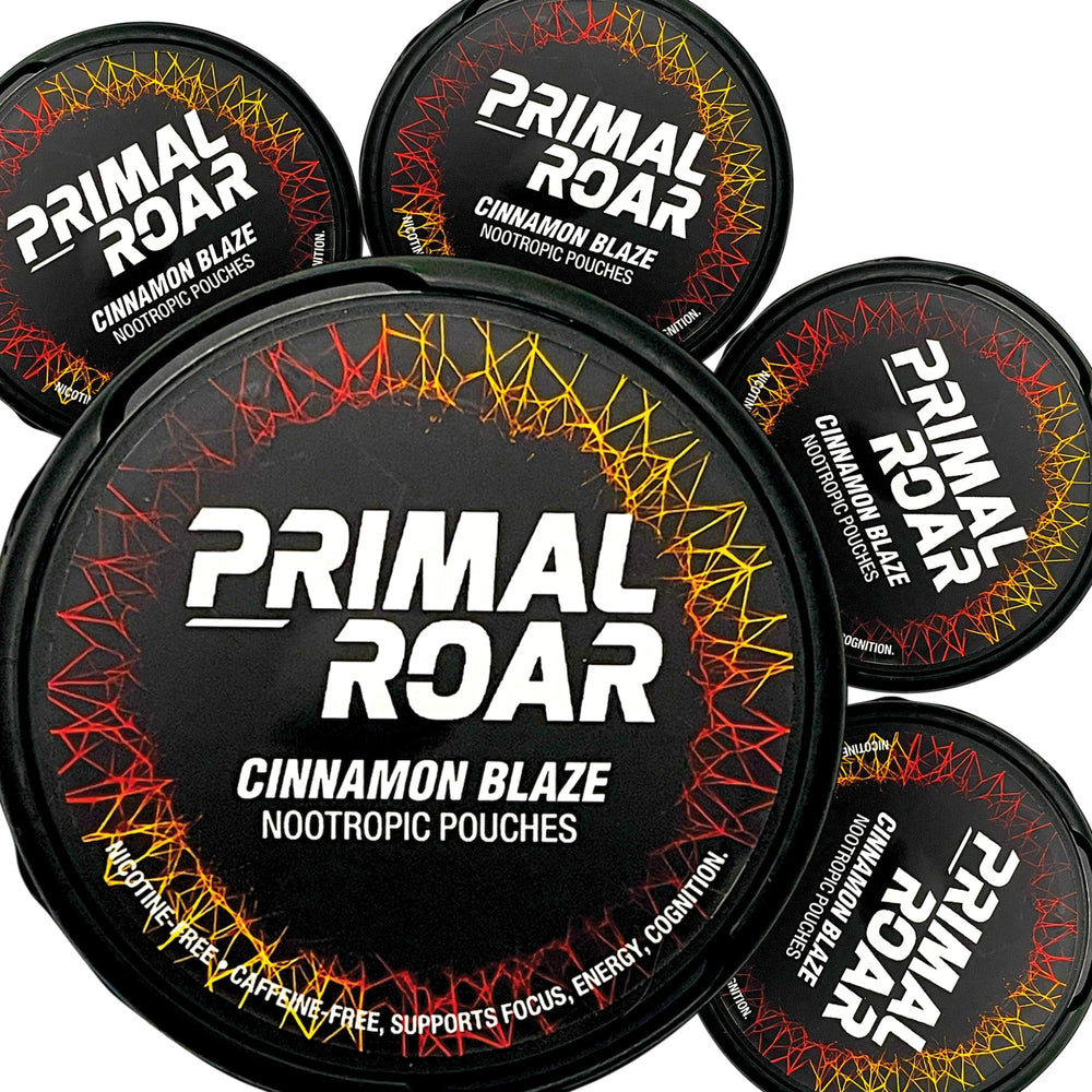 Primal Prelude Primal Roar Cinnamon Blaze can for stimulant-free focus and mental clarity.