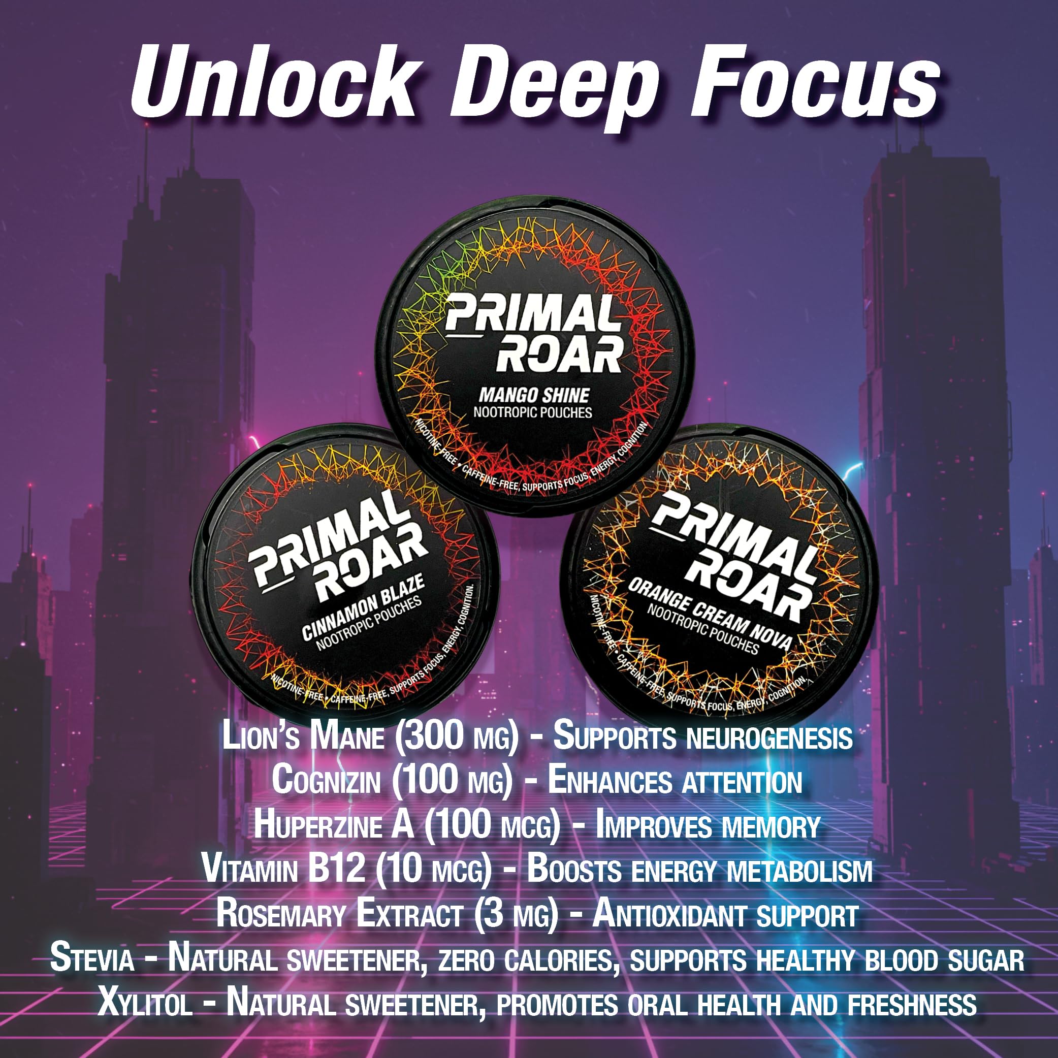 Primal Prelude Primal Roar pouch placed between gum and cheek for discreet, caffeine-free focus.