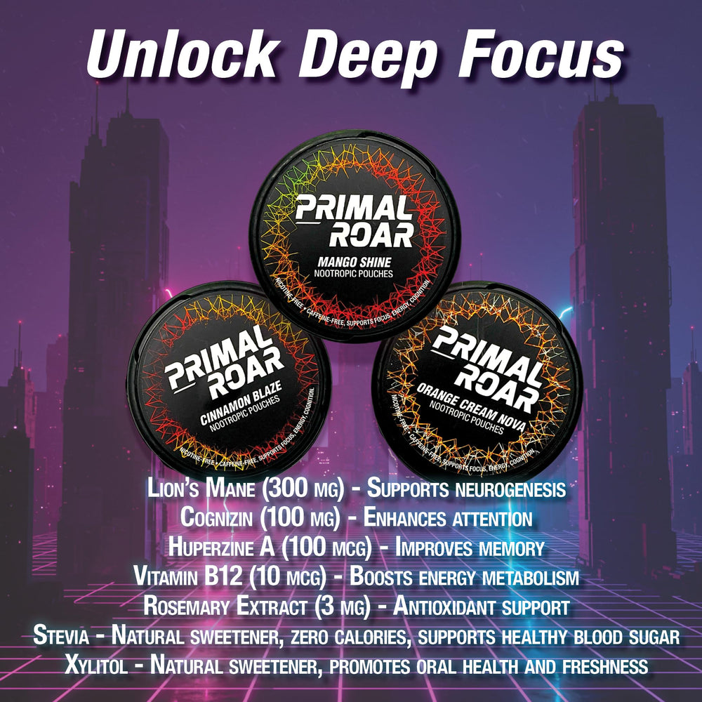 Primal Prelude Primal Roar pouch placed between gum and cheek for discreet, caffeine-free focus.