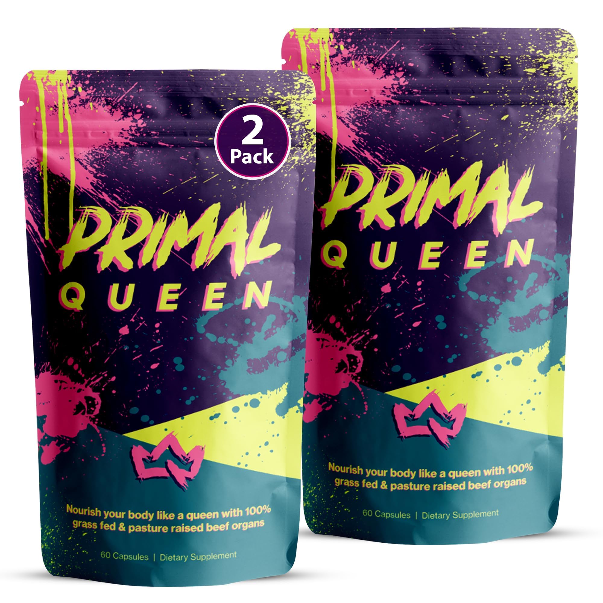 Primal Queen beef organ supplement pack of two resealable bags on white background