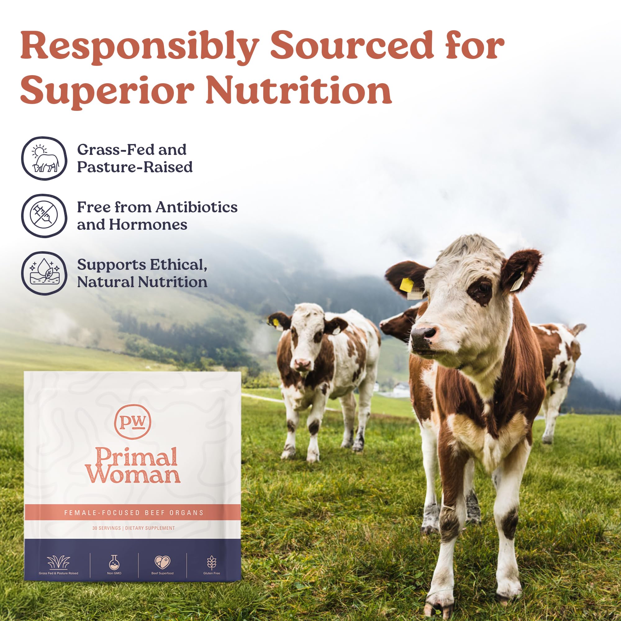 Packaging and lifestyle image for Primal Woman beef organ supplement