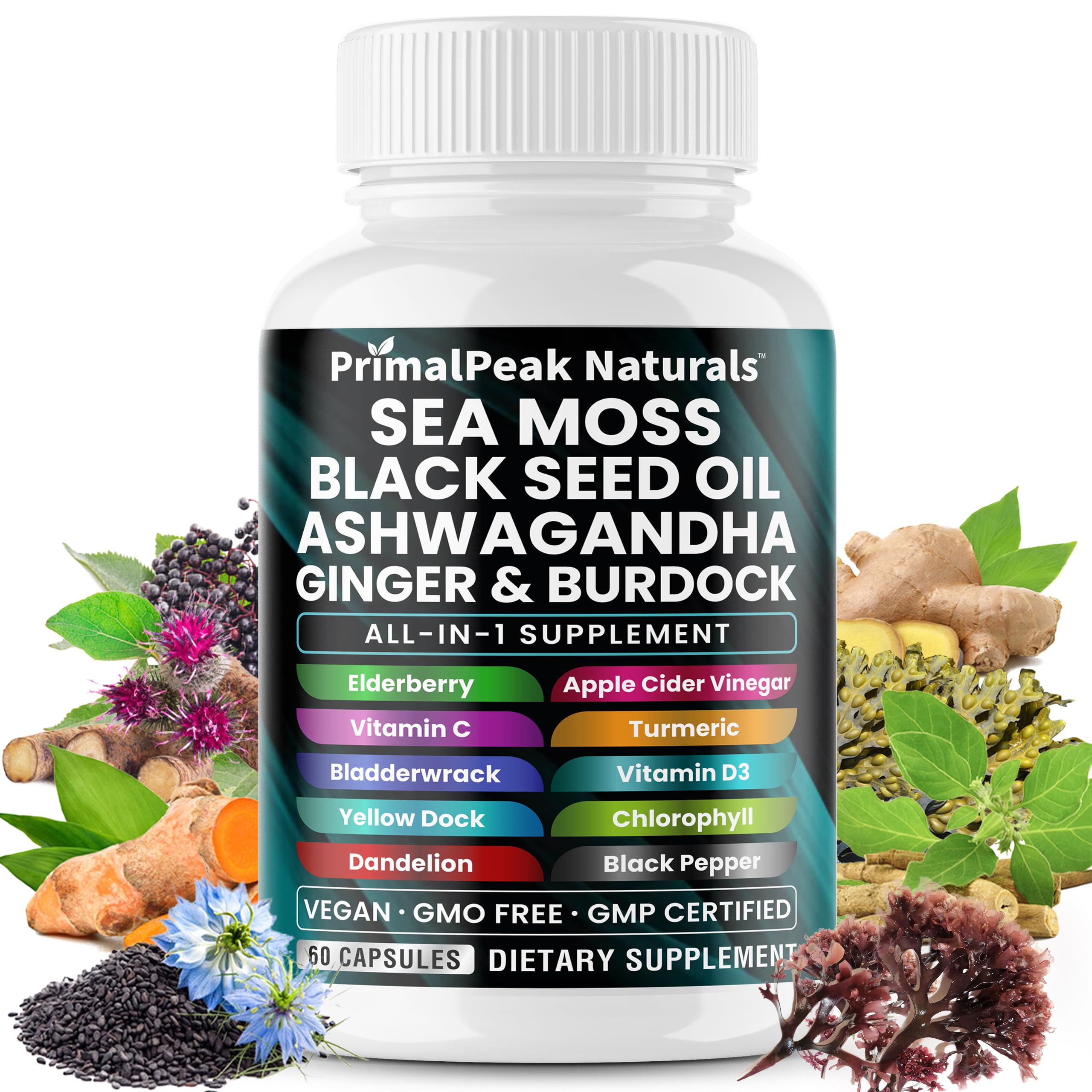 Bottle of PrimalPeak Naturals Sea Moss and Black Seed Oil capsules