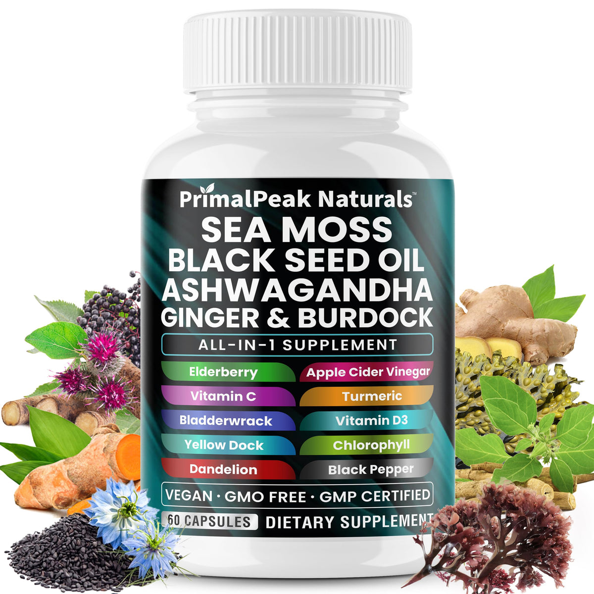 Bottle of PrimalPeak Naturals Sea Moss and Black Seed Oil capsules