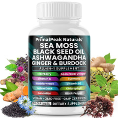 Bottle of PrimalPeak Naturals Sea Moss and Black Seed Oil capsules