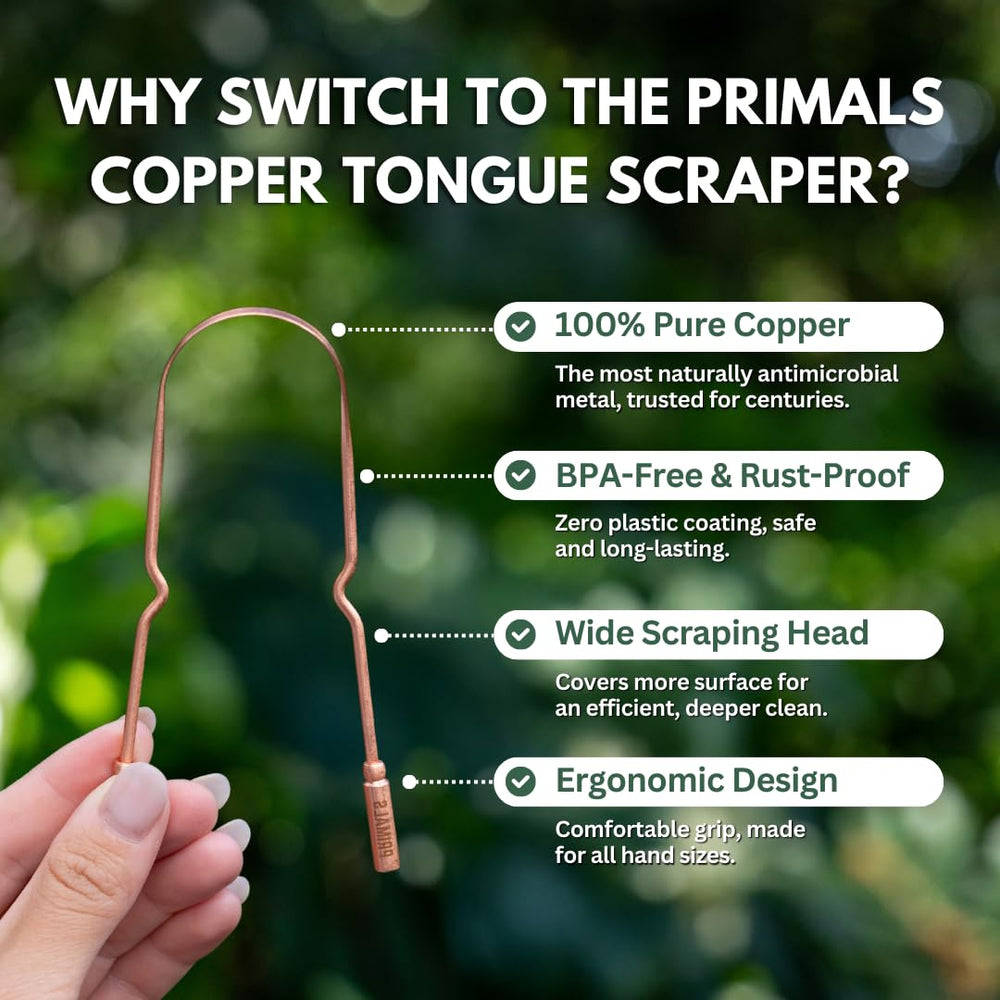 Ayurvedic tradition graphic with copper tongue scraper