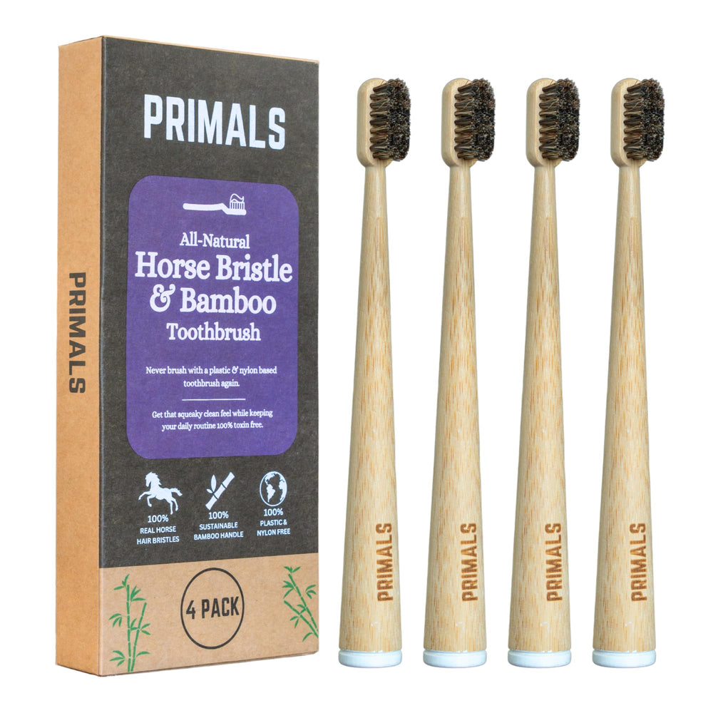 Front view of PRIMALS Horse Bristle & Bamboo Toothbrush 4-pack