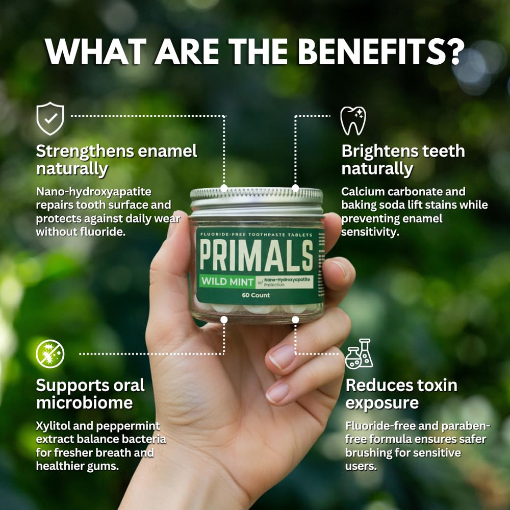 PRIMALS toothpaste tablets packaging and label close-up