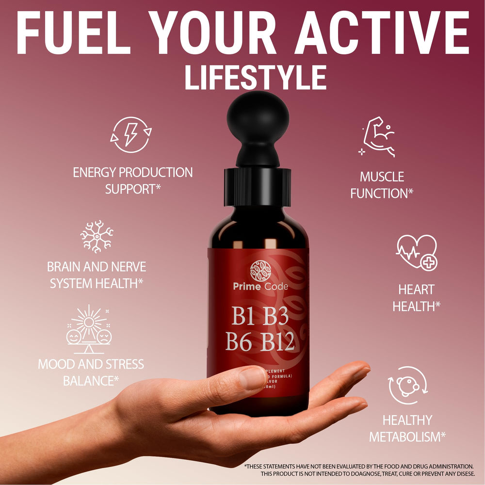 Close-up of packaging for Prime Code B vitamins gluten-free