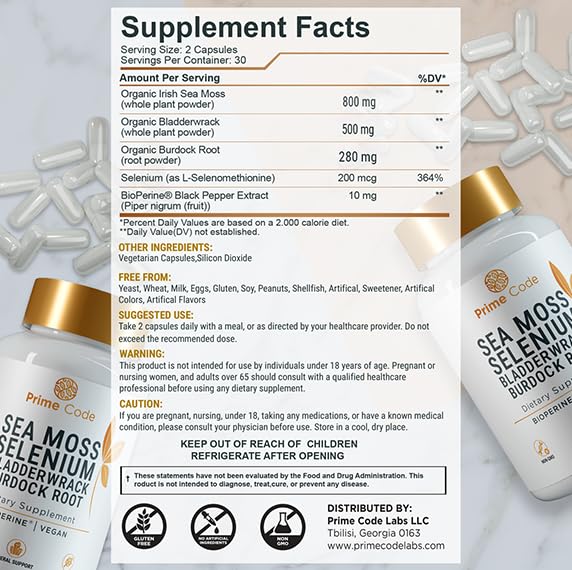 Bottle label showing sea moss, selenium, bladderwrack and burdock root