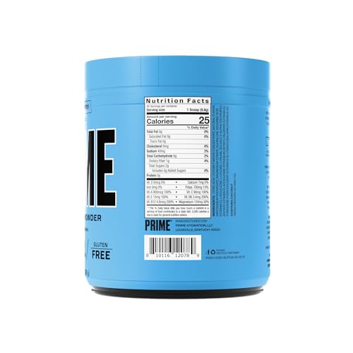 Serving of PRIME Hydration+ Blue Raspberry powder mixed in a glass