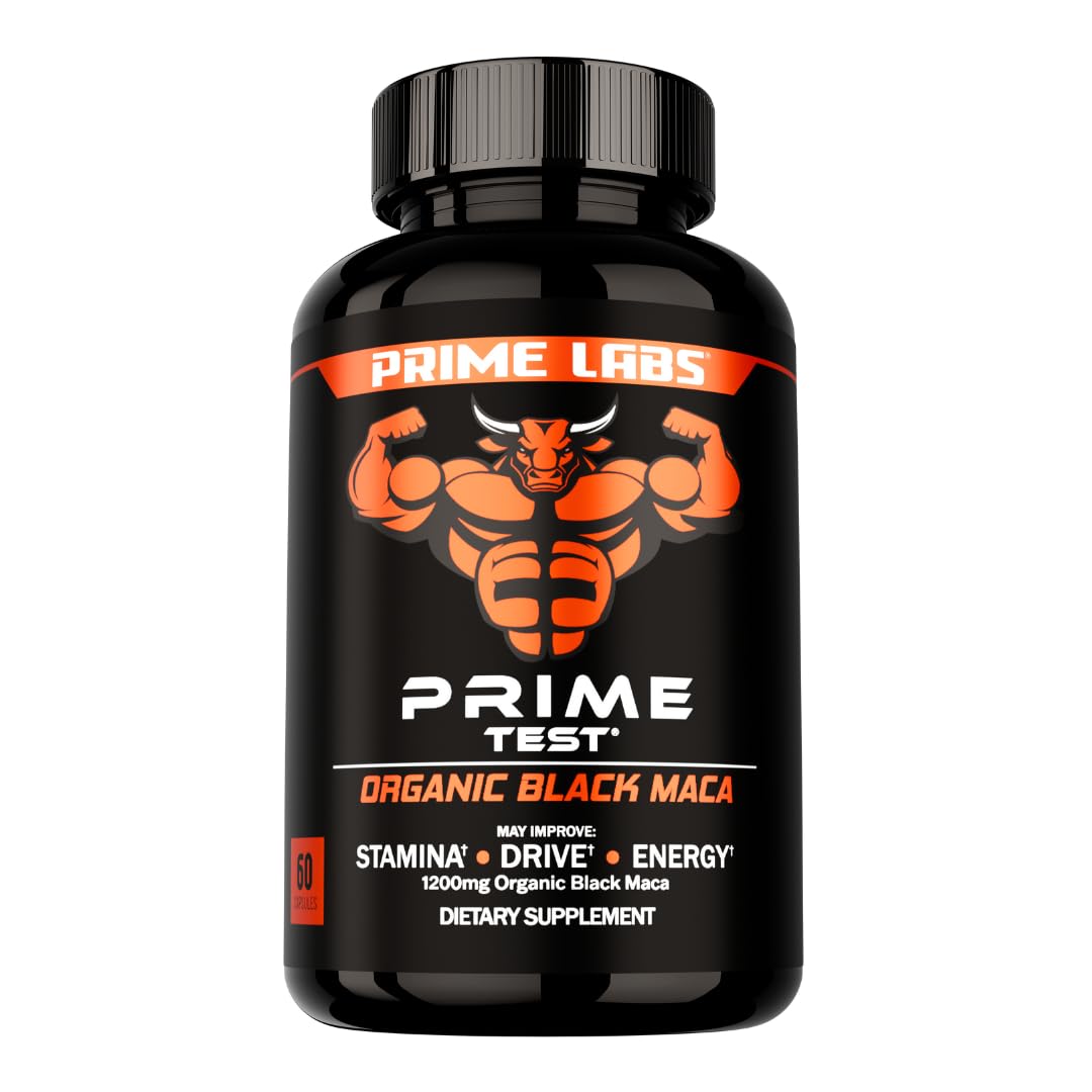 Bottle of Prime Labs Organic Black Maca 1200mg capsules, 60 count