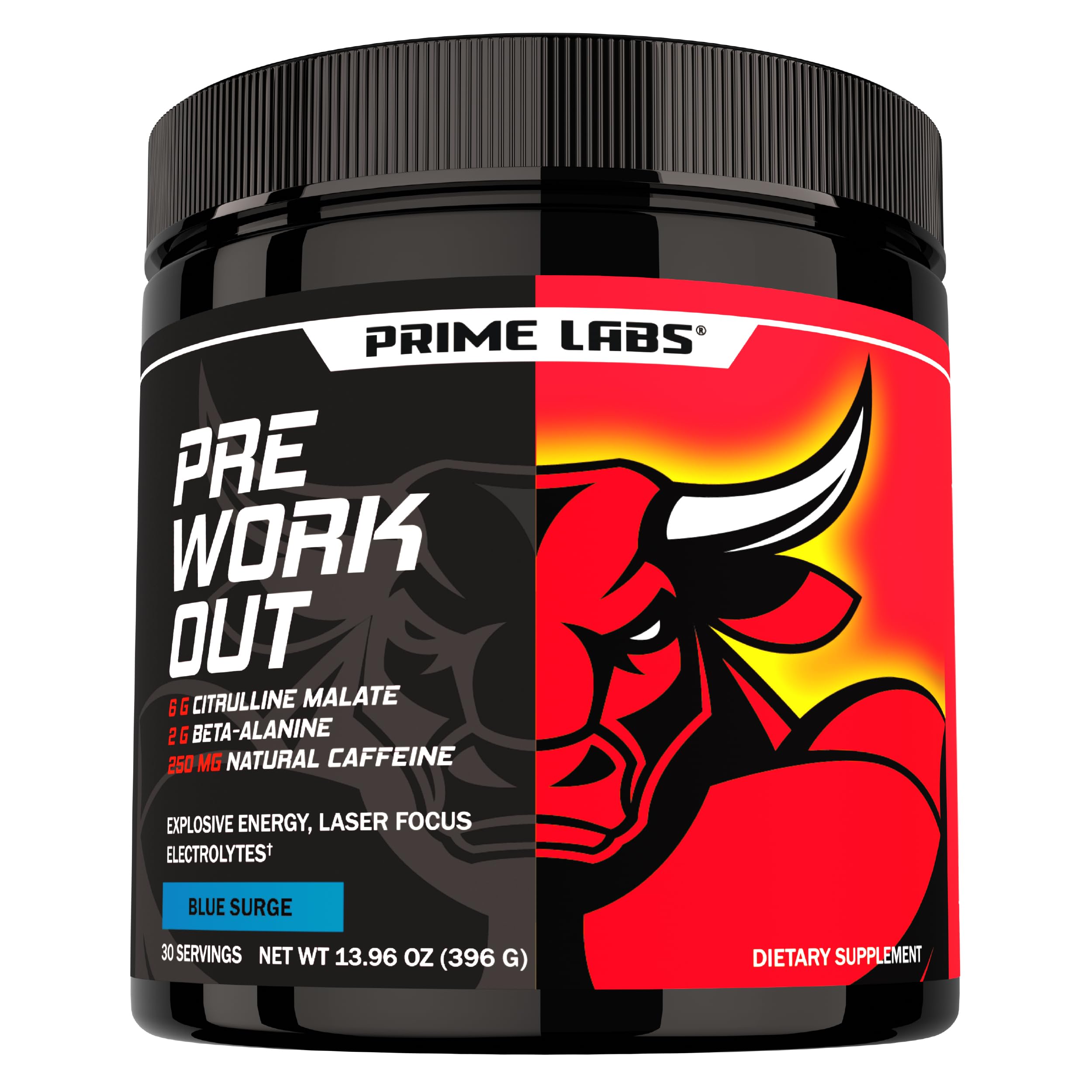 Prime Labs pre workout blue lemonade bottle ready for energized training sessions