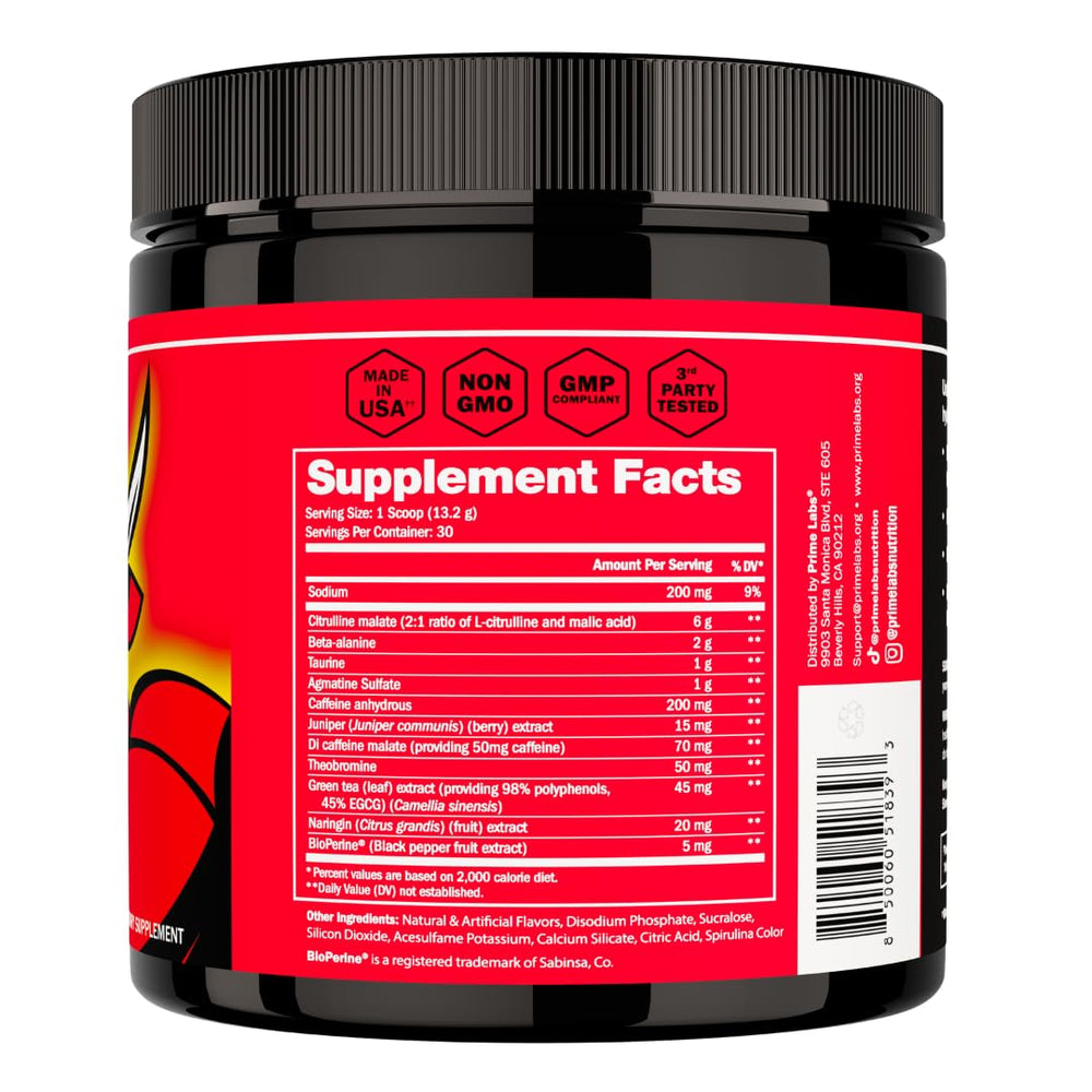 Prime Labs pre workout blue lemonade shaker filled with shake ready for training