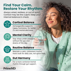 Lifestyle shot of PrimeMD cortisol supplement alongside a glass of water