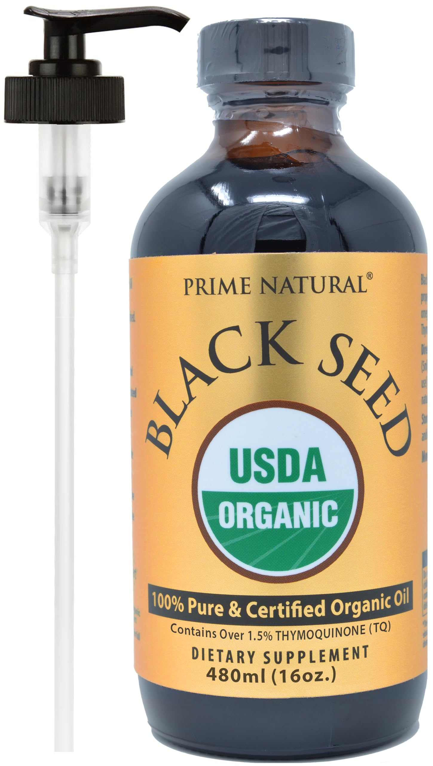 Front view of PRIME NATURAL Organic Black Seed Oil 16oz bottle